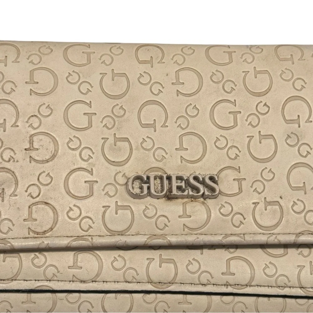 Guess Beige Monogram Clutch Signature Logo Print Designer Evening Bag